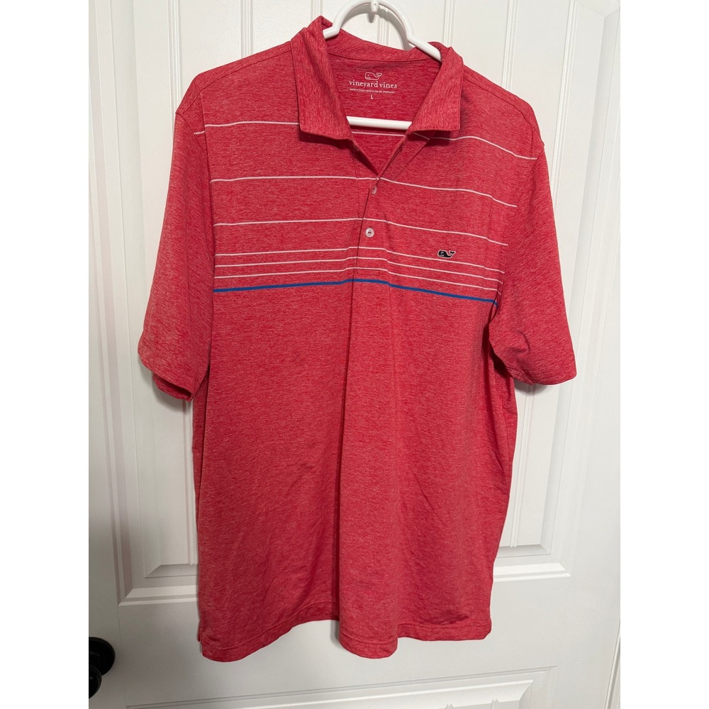 Vineyard Vines Polo Shirt Mens Large Red Striped Performance Stretch EUC